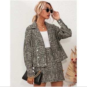 Leopard print popper button blazer and skirt